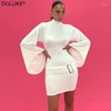 Casual Dresses Mock Neck Flare Sleeve Bodycon Dress Buckled Low Waist Pleated Mini Elegant White Birthday Party For Women