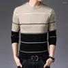 メンズセーター韓国衣類男性カジュアルストライプセーター春秋ファッション基本的な多目的スリム長袖ボトムプルオーバーニット