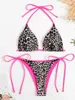 Women's Swimwear Sexy Mini Bikini 2024 Womens Pink Leopard Print Neon Light Double sided Push Up Swimwear Brazil Beach Swimwear thong Swimwear J240510