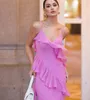 Vintage Long Pink Chiffon Evening Dresses with Ruffles Sheath Spaghetti V-Neck Ankle Length Formal Occasion Prom Party Gowns