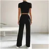 Women'S Pants Capris Womens Two Piece Set Short Sleeve Bodycon Crop Tops High Waist Wide Leg Fall Casual Streetwear Suit Women Dro Dhm5Y