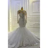 Exquisite Meerjungfrau Brautkleider O-Neck Beads Spitzen Applikationen Perlen Langarm Tüll Tüll tulle Customized Bridal Gown Vestidos de Novia
