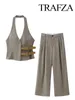 Women's Two Piece Pants TRAFZA 2024 Fashion Vintage With Belt Female Waistcoat Chic Tops Women Backless Button-up Cropped Halter Neck Vest