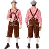 Traditional German Beer Bavarian Men's Oktoberfest Costume 3 Piece Plaid Shirt & Brown Overalls Cap