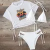 Damenbadebekleidung 3pcs/Set 2024 Tropical Print Bikini Set Tanga Women Badeanzug mit Deck -Auf -up -Kurzarmbiquini -Badeanzug