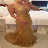 Gold Mermaid Prom Dress 2019 Appliques de dentelle Perles élégantes Robe de soirée Robes sans manches