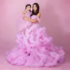 핑크 주름 주름 얇은 색 엄마와 딸 드레스 그로스 러프 메쉬 메쉬 생일 파티 얇은징 가운 전면 슬릿 긴 드레스 240513