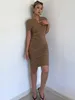 Party Dresses Sexy WOMENGAGA Brown V-neck Knitted Short Sleeved High-end T Shirt Dress Women Pleated Tight Elegant Korean Style GTV6