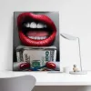 Poster de arte de parede imprimir boca azul com diamante e dinheiro de lona pintando imagens de parede para quarto de meninas, sala de estar