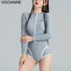 Kvinnors badkläder Vigoanne Solid Sports Women 2024 Zipper Långärmning One Piece Swimsuit Korean Monokini Summer Beach Bathing Suit