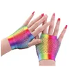 Fishnet Gloves Neon Women Girls Party Costume Accessories Halloween Mesh Fingerless Stretch Gloves Rainbow Mardi Gras Carnival Props