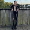 Kobiety Jumpsuits rompers cutenova seksowna dziura łzawią kombinezon siatka patrz przez długi rękaw ciasny top damskie klub nocny pasek na ramię wx wx