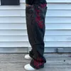 Jeans masculin y2k personnalité rétro américaine graphique rouge occasionnel polyvalent pantalon amplifié de rue hip-hop.