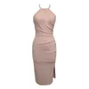 Casual Dresses Summer Women Midi Dress Elegant Sexy Pink Black Halter Beading Off Shoulder Sleeveless Bodycon Slit Gown Evening Party