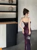 Lässige Kleider lila gedruckte Kamisolekleid für Frauen Sommer Cheongsam Prinzessin Spitzenschlitz sexy Taille Wickel Gesäß Gesamt