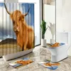 Shower Curtains Highland Cow Autumn Country Retro Old Wooden Farmhouse Barn Scenery Non-Slip Carpet Toilet Cover Floor Mat Sets