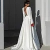 Backless Sexig Sheer A Line Wedding Dresses Deep V-ringen enkel vit elfenben Satin brudklänningar Långärmare Kvinnor Formell festevenemangsklänning