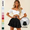 Coleta de colar de uma linha de cor sólida, bainha com babados com mangas, tampo BM com umbigo exposto, camiseta Ultra Short Sexy F51425