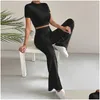 Women'S Pants Capris Womens Two Piece Set Short Sleeve Bodycon Crop Tops High Waist Wide Leg Fall Casual Streetwear Suit Women Dro Dhm5Y