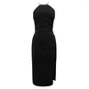 Casual Dresses Summer Women Midi Dress Elegant Sexy Pink Black Halter Beading Off Shoulder Sleeveless Bodycon Slit Gown Evening Party