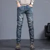 Jeans masculinos 2024 outono inverno vintage azul de cor sólida elástica clássica clássica slim moda jeans calça masculina 27-38