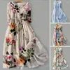 Holiday Flower Maxi Dress 2024 Dames V Hals Long Lantern Sleeve Floral Print Belt Ruffles Robe Vestidos
