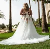 Robes de mariée en ligne plus taille 2024 V couche brodées fleurs en tulle époux robe sans manches sans dos colorant en lacet sans arrière