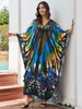 Bohemian Multicolor Print Long Sleeve Loose Kaftans Dress for Women Summer Autumn Sexy V Neck Maxi Dresses Q1588 240514