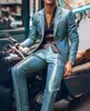 Men Suit Slim Fit Blazer Pantalon 2PCS Set Contrast Trim Notch Pu Leather Veste Male Business Casual Casual Prom Suit Moto Style 240513