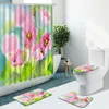 Shower Curtains Flower Green Leaf Hand Painted Floral Non-Slip Flannel Rug Toilet Cover Bath Mat Indoor Home Decor Bathroom Set