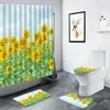 Duschvorhänge gelbe Sonnenblumen Badezimmer Blumen Pflanze ländliche Landschaftsmuster WC Teppich Nicht-Schlupfmatten Toilettendekor Bad Matte Set Set