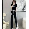 Women's Two Piece Pants Casual Sports Suit 2024 Summer Fashion Street Bombing Style Short Sleeve Corp Top And Wide Leg 2 Set