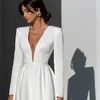 Backless Sexig Sheer A Line Wedding Dresses Deep V-ringen enkel vit elfenben Satin brudklänningar Långärmare Kvinnor Formell festevenemangsklänning