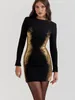 Casual Dresses Elegant Gold Sparkling Women Patchwork Mini Dress Fashion O-Neck Long Sleeve BodyCon 2024 Lady Party Club Robes