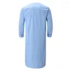 Men's Sleepwear Men V-Neck Linen Robe Roll Up Short Sleeve Solid Long Night Gown Casual Loose Shirt Kaftan Thobe With Pocket