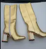 Bottes Gold Cour pour les femmes Automne Winter Western Cowboy Diamond High Talon pointu Point Crystal Chaussures