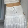 Saias francesas jacquard amarrado fada branca para mulheres tira de renda de verão alta cintura emagrece roupas de bolsa de comprimento médio roupas
