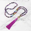 Beaded Necklaces Natural purple agate necklace suitable for women 7 chakra spiritual energy 108 Japamala Mala beads tassel long necklace jewelry d240514