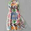 Holiday Flower Maxi Dress 2024 Dames V Hals Long Lantern Sleeve Floral Print Belt Ruffles Robe Vestidos