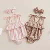 Rompers 2st Infread Baby Girls Summer Sling Bodysuit ärmlös ruffle blommig lek med pannband 0-24m