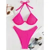 Swimwear Topgee Topgee Femmes de maillot de bain rose féminin Bandage 2 pièces Push up Sexy Bikini Halter 2024 Bathing Fulging