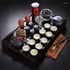 Ensembles de thé en cuir chinois ensemble de thé yixing en céramique kungfu 26pcs de plateau en bois massif en bois massif