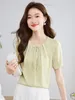 Blouses feminina Verão estilo chinês Mulheres brancas Botão de pérola plissada plataforma vintage de manga curta verde de colarinho redondo elegante tops de férias