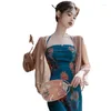 Ethnic Clothing Chinese Style Female Qipao Sexy Slim Cheongsam Blue Jacquard Flower Evening Party Dress Classic Elegant Banquet