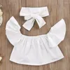 Kledingsets 1-6 Jaarstoddler Girls 3pcs Jeans String Sloulder Top Ruffle Blouse Blouse Blauw gescheurd Long White Bowknot Headband Girl Suit