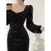 Casual Dresses French Velvet Evening Party Dress Women Long Sleeve Square Collar Black Retro Slim Sexy Shiny Mid-calf Vestidos Autumn Q796