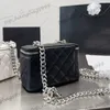 Womens Caviar Leather Classic Mini Makeup Vanity Box With Mirror Silver Chain Bags Calfskin Quilted Zipper Cosmetic Case Fanny Pack Crossbody Card Holder Purse 20cm