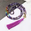 Beaded Necklaces Natural purple agate necklace suitable for women 7 chakra spiritual energy 108 Japamala Mala beads tassel long necklace jewelry d240514