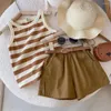 Vêtements Ensembles Kids Girls Fashion Striped Vest Suits d'été Enfants Summer Sans manchettes shorts Belt 3PCS Vêtements pour tout-petits