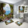 Shower Curtains Waterfall Forest Scenery Curtain Set Non-Slip Rug Toilet Cover Bath Mat Bamboo Mountain Plants Floral Bathroom